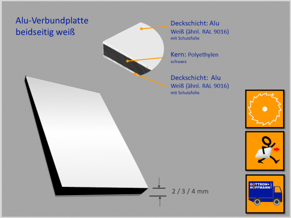 Verbundplatte, Alu(Kern)Alu, weiß/weiß 